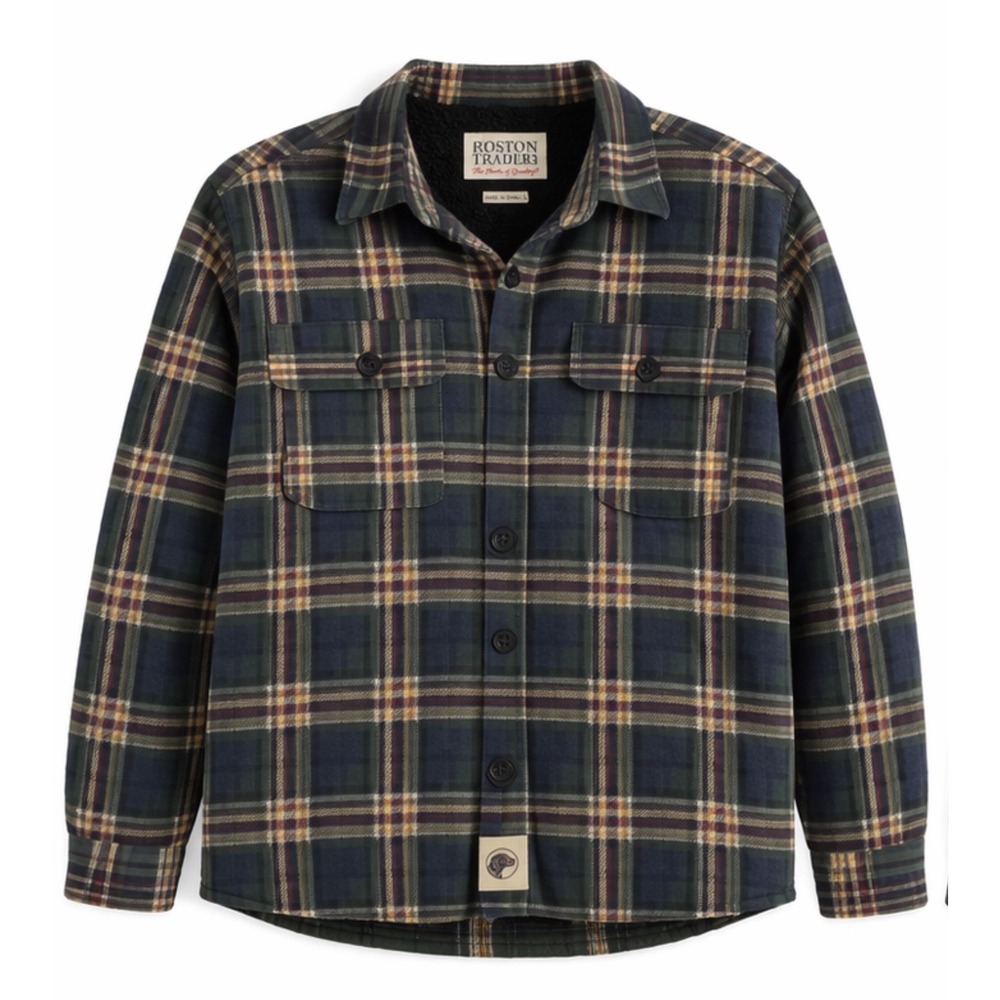 Boston Traders Mens Plush Sherpa‎ Lined Flannel Shirt Jacket Plaid Green Blue Lg